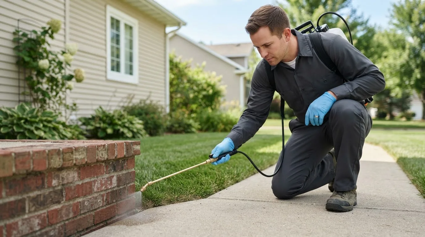 Pest control technician treating a home near Decatur, IL
