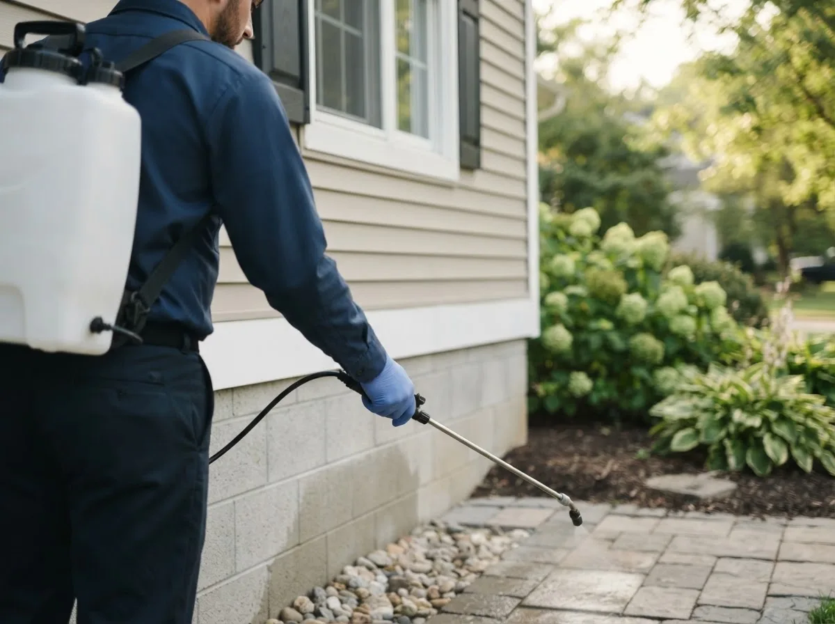 Pest control technician inspecting a home in Decatur, IL